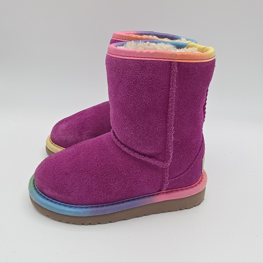 UGG Kids Magenta Suede Boots with Rainbow Trim